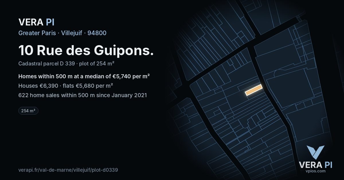 10 Rue des Guipons, Villejuif at night – the plot lit, the parcels around coloured by the prices near them