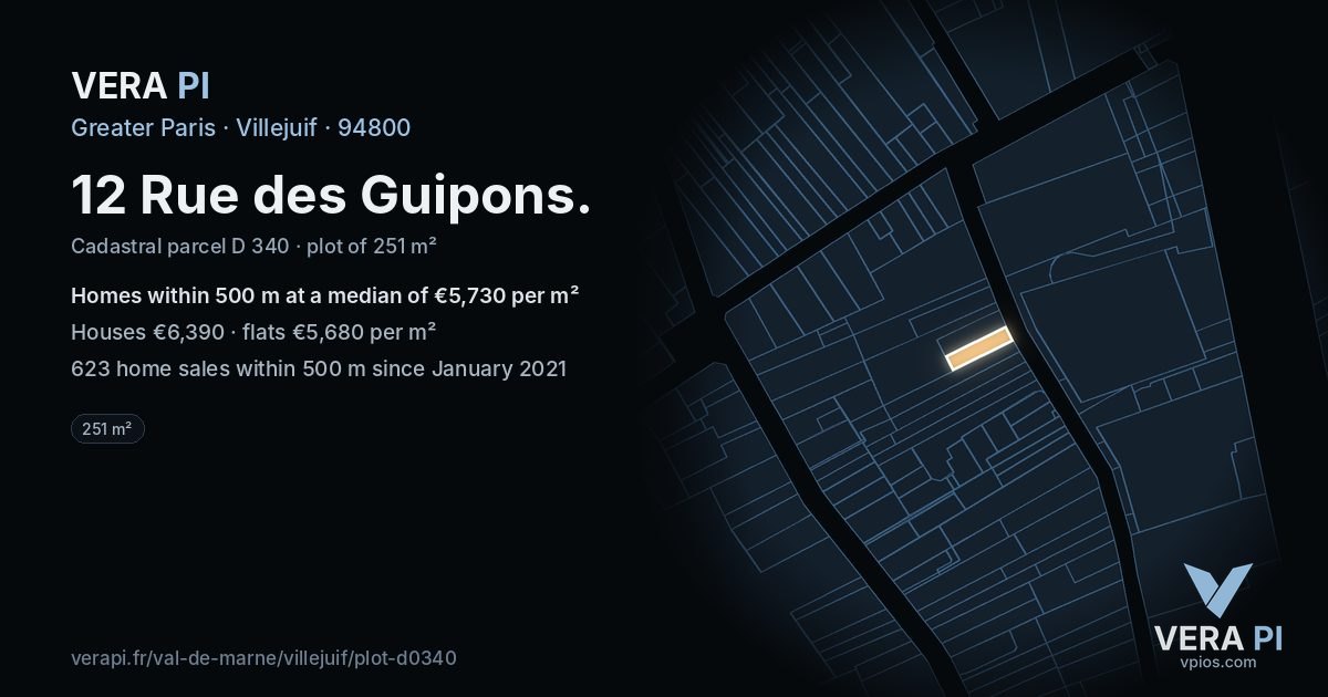 12 Rue des Guipons, Villejuif at night – the plot lit, the parcels around coloured by the prices near them