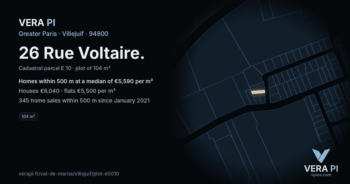 26 Rue Voltaire, Villejuif at night – the plot lit, the parcels around coloured by the prices near them