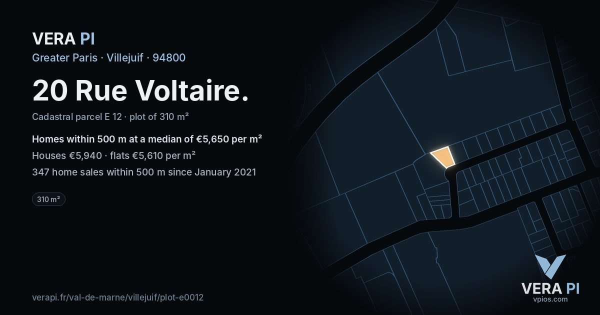 20 Rue Voltaire, Villejuif at night – the plot lit, the parcels around coloured by the prices near them