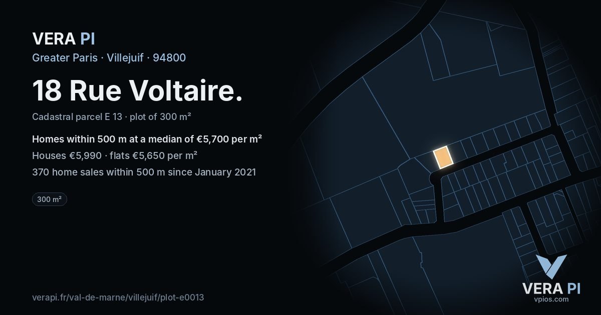 18 Rue Voltaire, Villejuif at night – the plot lit, the parcels around coloured by the prices near them