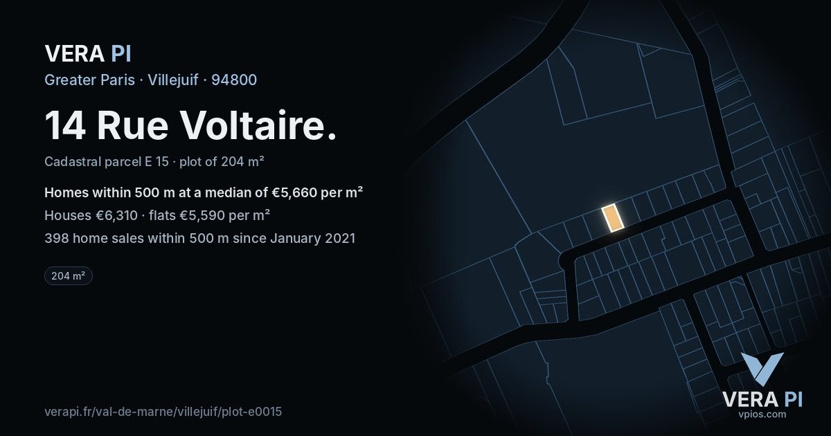 14 Rue Voltaire, Villejuif at night – the plot lit, the parcels around coloured by the prices near them