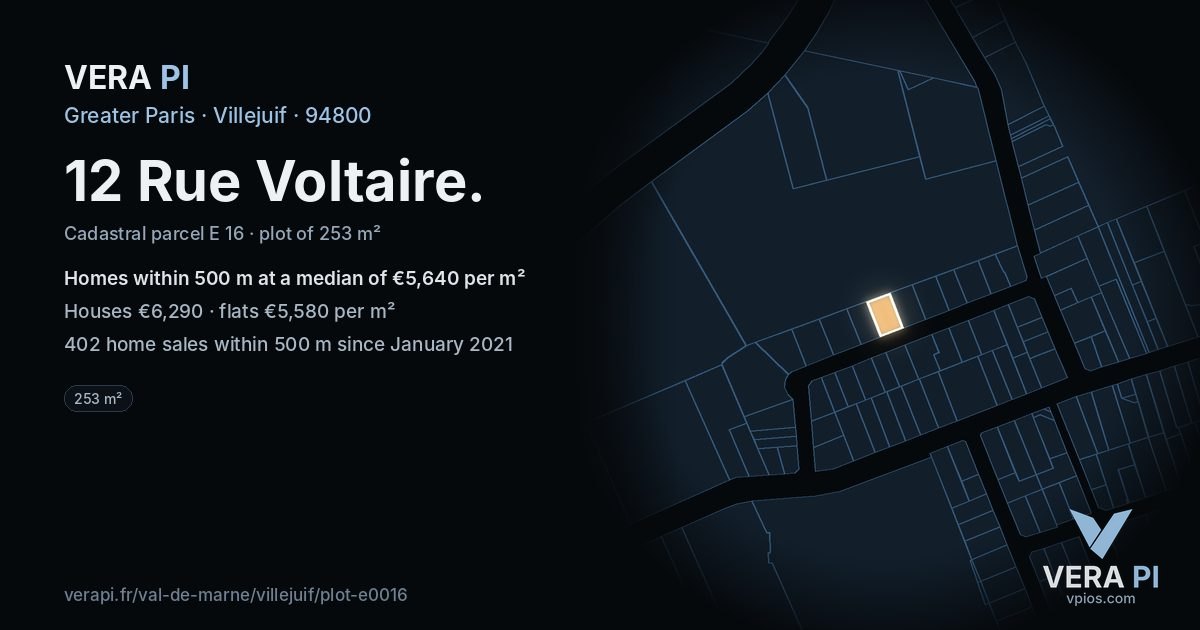 12 Rue Voltaire, Villejuif at night – the plot lit, the parcels around coloured by the prices near them