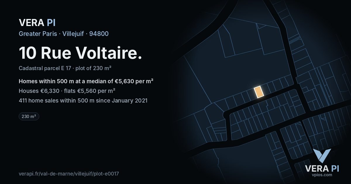 10 Rue Voltaire, Villejuif at night – the plot lit, the parcels around coloured by the prices near them