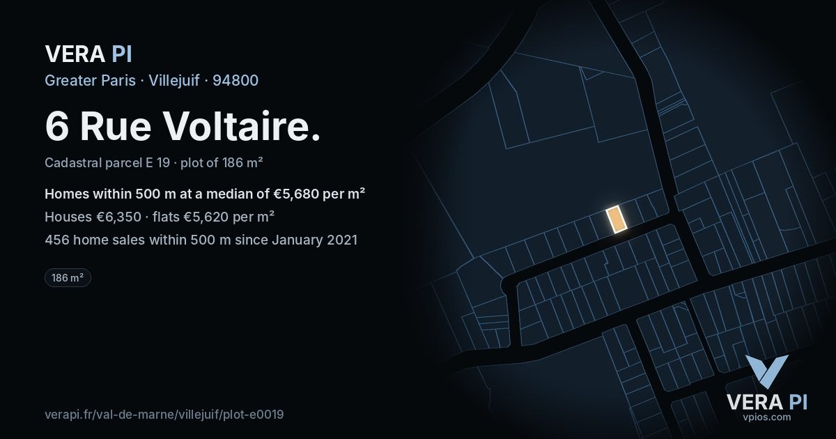 6 Rue Voltaire, Villejuif at night – the plot lit, the parcels around coloured by the prices near them