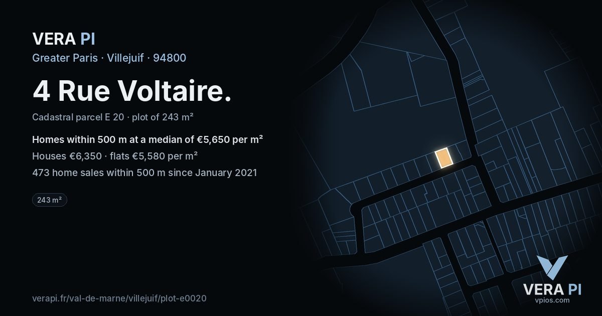 4 Rue Voltaire, Villejuif at night – the plot lit, the parcels around coloured by the prices near them