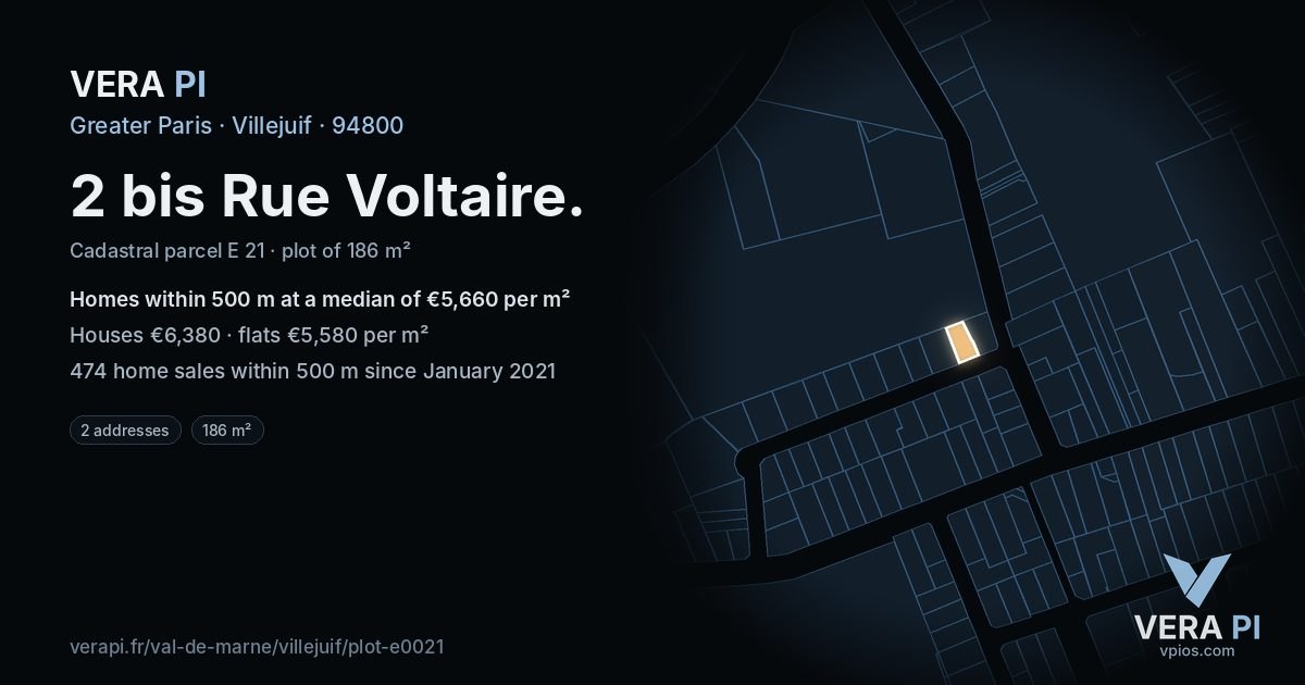 2 bis Rue Voltaire, Villejuif at night – the plot lit, the parcels around coloured by the prices near them