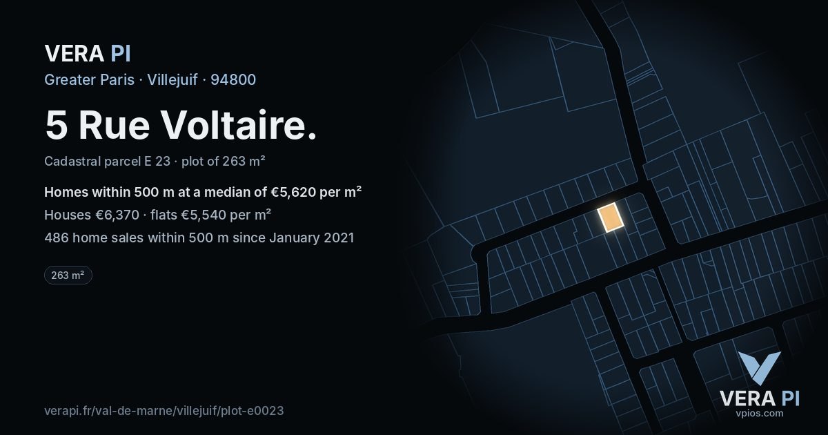 5 Rue Voltaire, Villejuif at night – the plot lit, the parcels around coloured by the prices near them