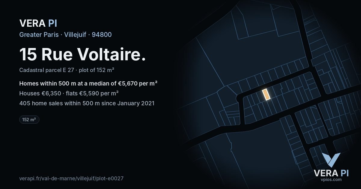 15 Rue Voltaire, Villejuif at night – the plot lit, the parcels around coloured by the prices near them