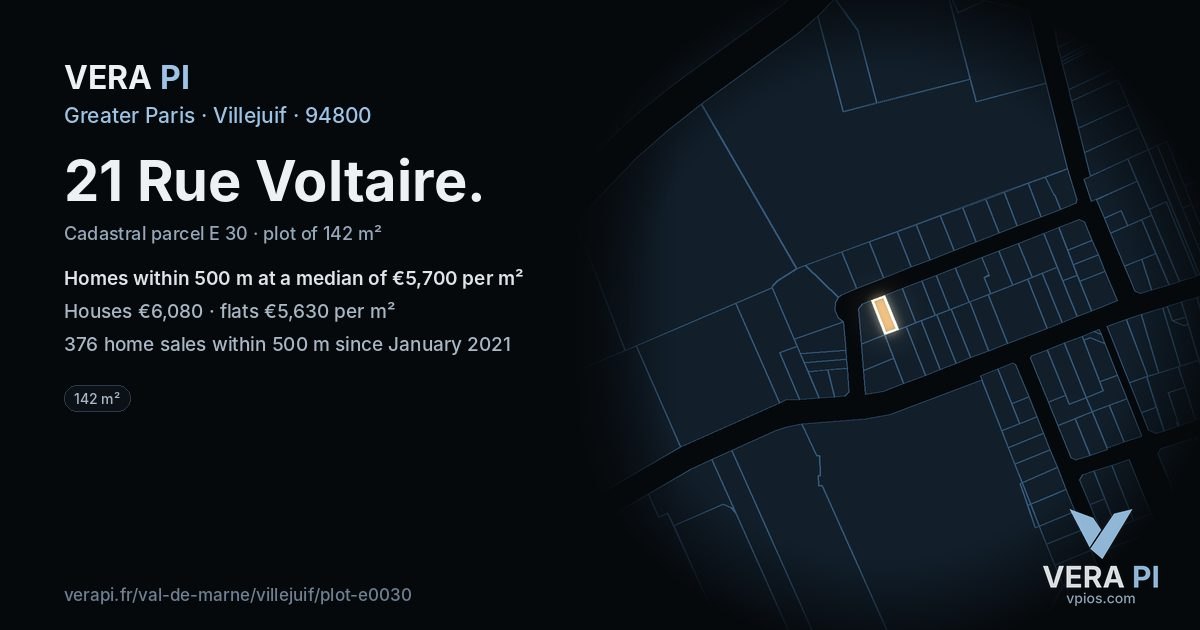 21 Rue Voltaire, Villejuif at night – the plot lit, the parcels around coloured by the prices near them