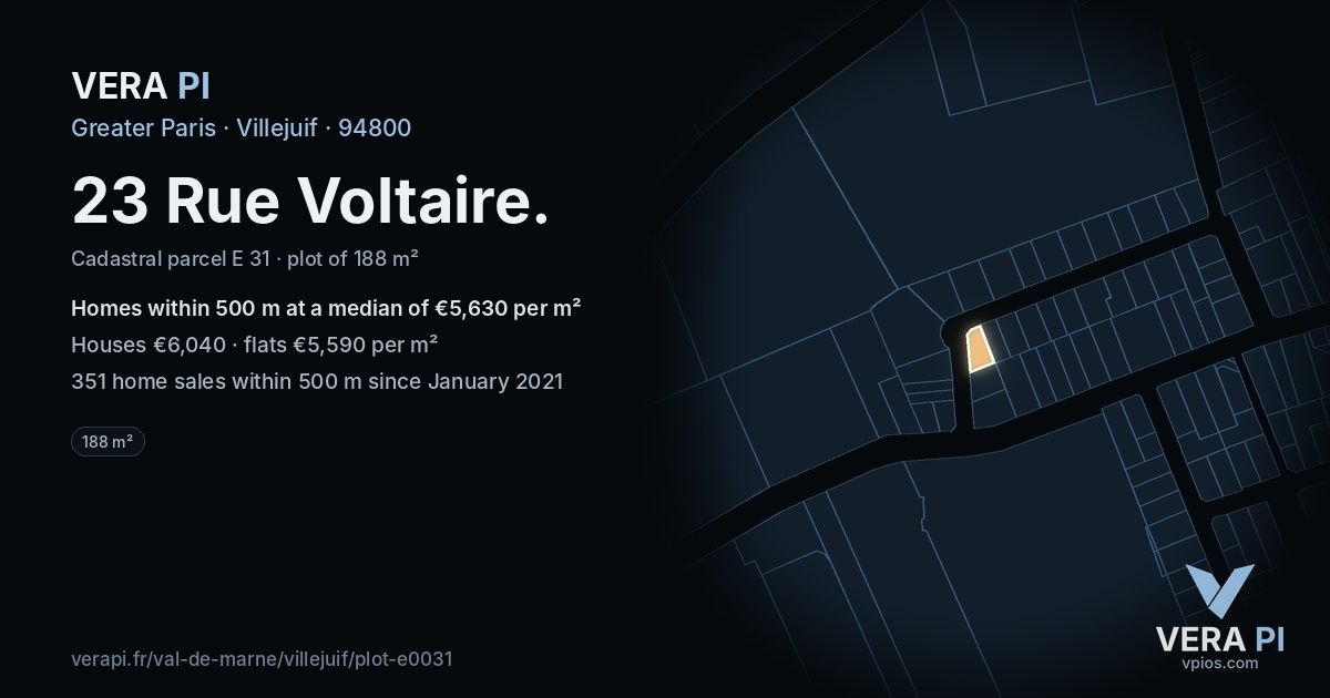 23 Rue Voltaire, Villejuif at night – the plot lit, the parcels around coloured by the prices near them