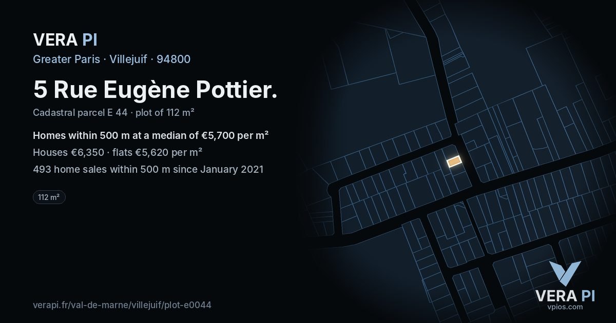 5 Rue Eugène Pottier, Villejuif at night – the plot lit, the parcels around coloured by the prices near them