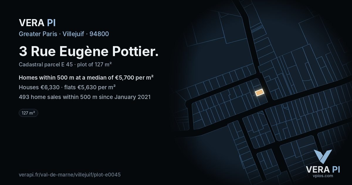 3 Rue Eugène Pottier, Villejuif at night – the plot lit, the parcels around coloured by the prices near them