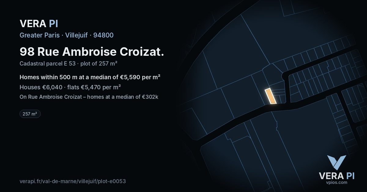 98 Rue Ambroise Croizat, Villejuif at night – the plot lit, the parcels around coloured by the prices near them
