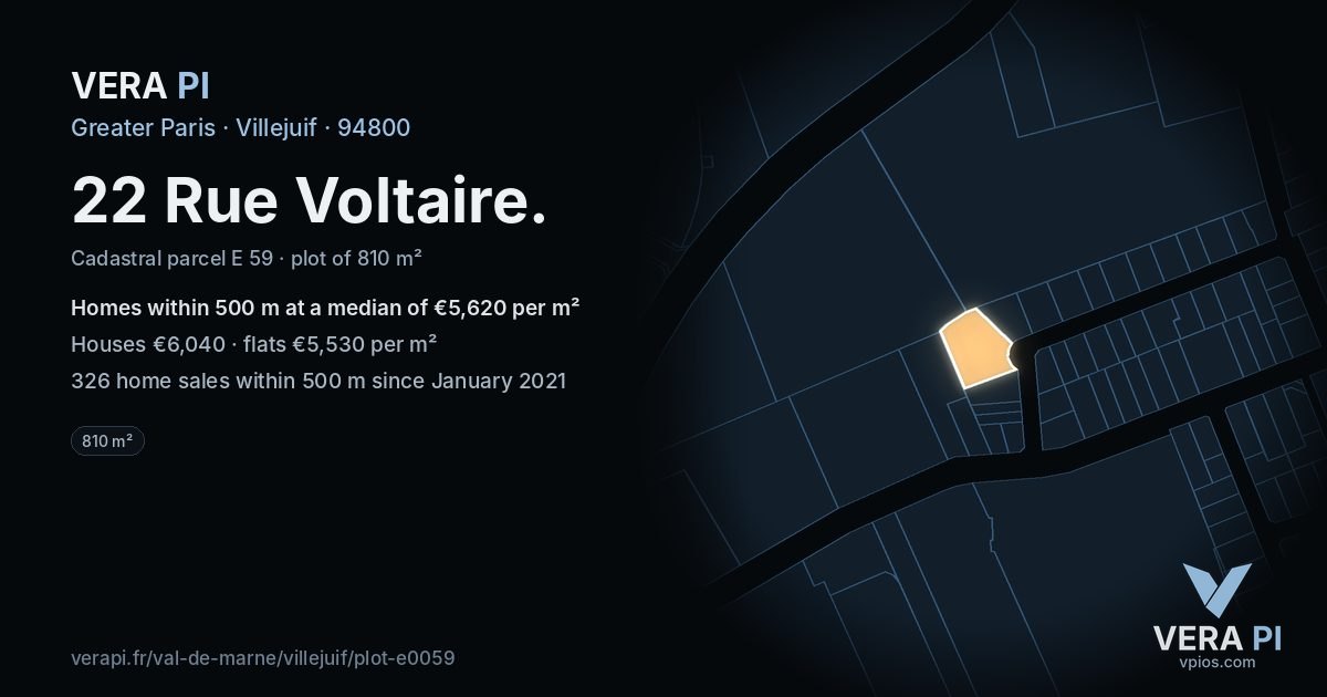22 Rue Voltaire, Villejuif at night – the plot lit, the parcels around coloured by the prices near them