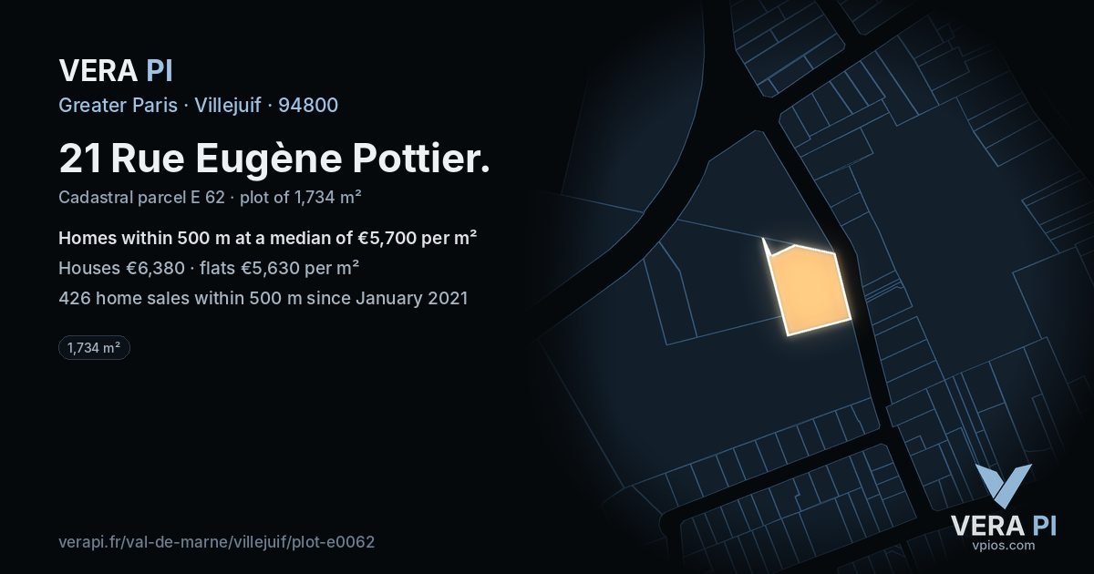 21 Rue Eugène Pottier, Villejuif at night – the plot lit, the parcels around coloured by the prices near them