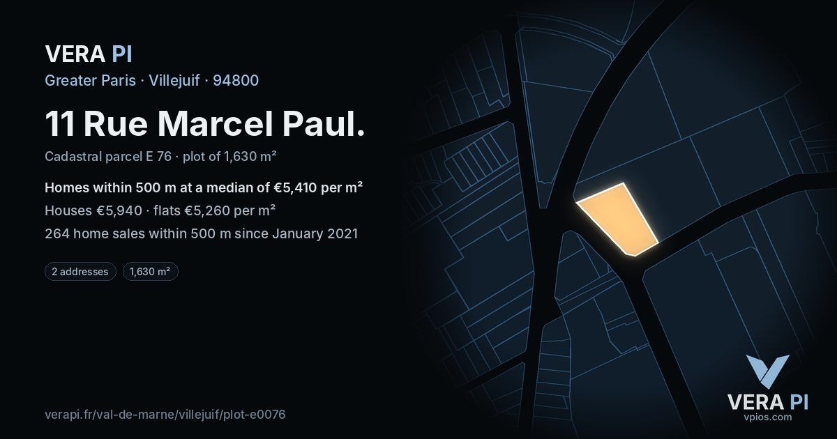 11 Rue Marcel Paul, Villejuif at night – the plot lit, the parcels around coloured by the prices near them