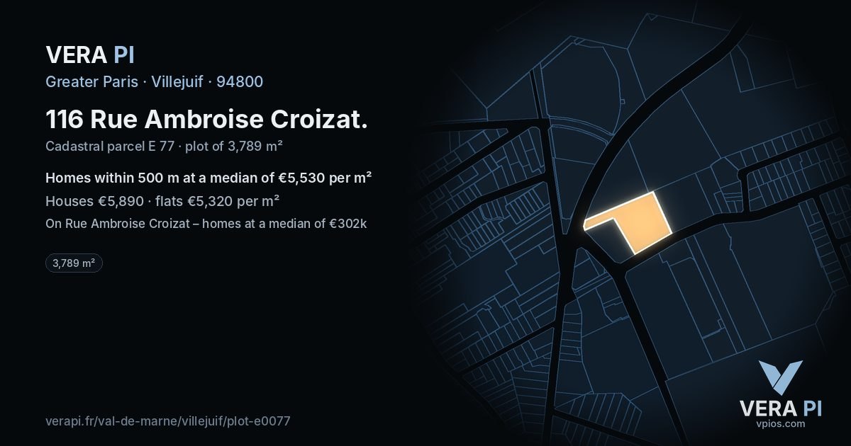 116 Rue Ambroise Croizat, Villejuif at night – the plot lit, the parcels around coloured by the prices near them