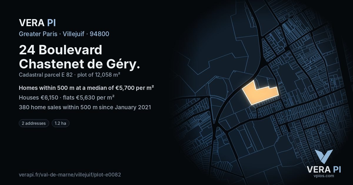 24 Boulevard Chastenet de Géry, Villejuif at night – the plot lit, the parcels around coloured by the prices near them