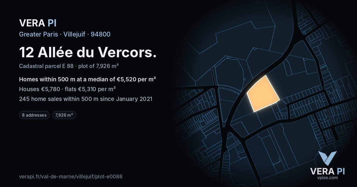 12 Allée du Vercors, Villejuif at night – the plot lit, the parcels around coloured by the prices near them