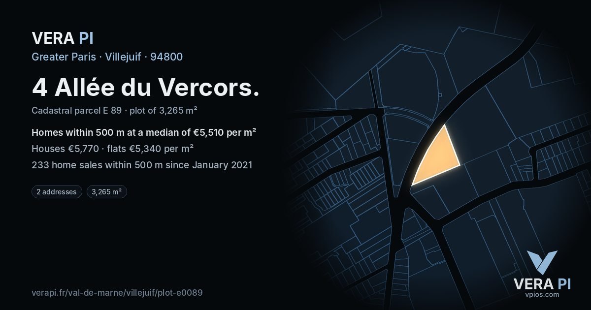 4 Allée du Vercors, Villejuif at night – the plot lit, the parcels around coloured by the prices near them