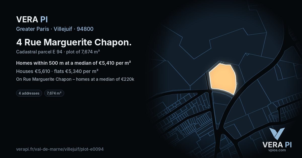 4 Rue Marguerite Chapon, Villejuif at night – the plot lit, the parcels around coloured by the prices near them
