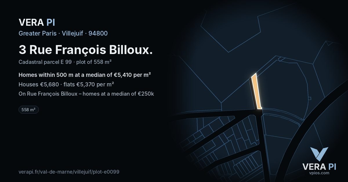 3 Rue François Billoux, Villejuif at night – the plot lit, the parcels around coloured by the prices near them