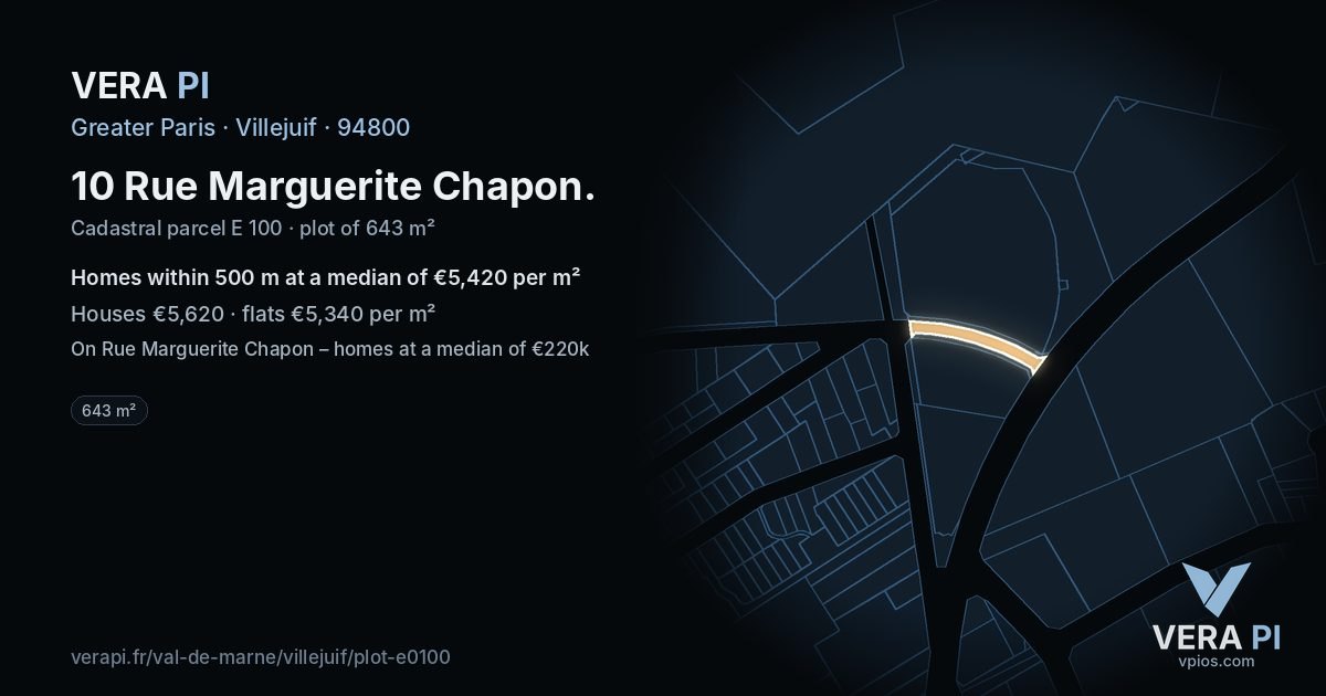 10 Rue Marguerite Chapon, Villejuif at night – the plot lit, the parcels around coloured by the prices near them