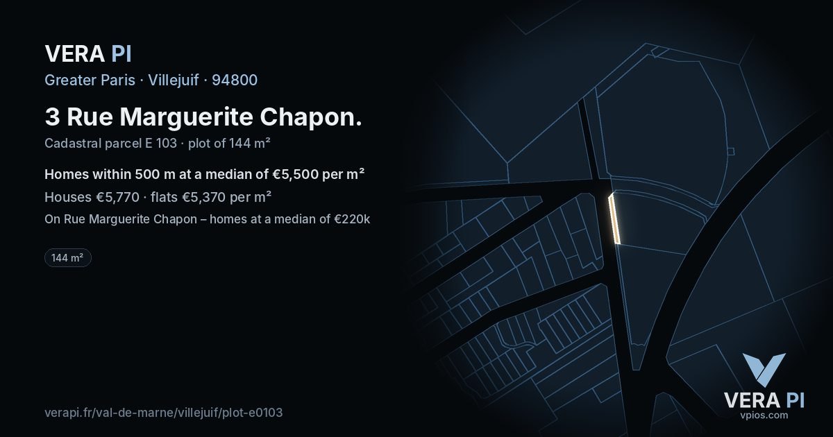 3 Rue Marguerite Chapon, Villejuif at night – the plot lit, the parcels around coloured by the prices near them