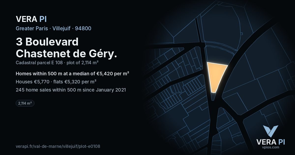 3 Boulevard Chastenet de Géry, Villejuif at night – the plot lit, the parcels around coloured by the prices near them