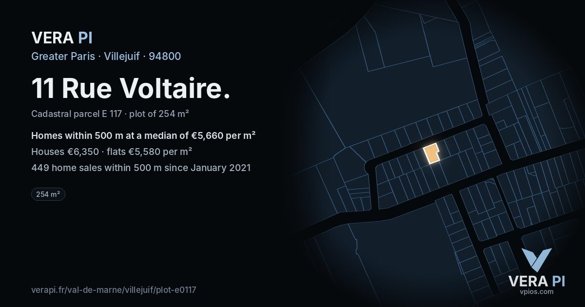 11 Rue Voltaire, Villejuif at night – the plot lit, the parcels around coloured by the prices near them