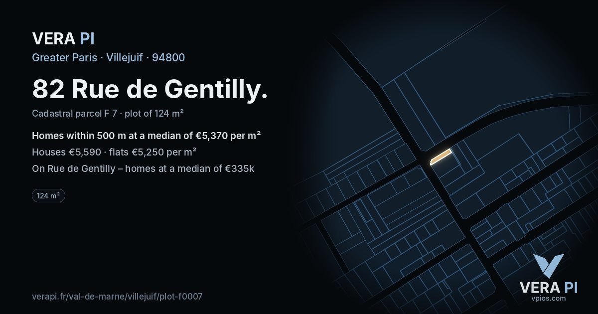 82 Rue de Gentilly, Villejuif at night – the plot lit, the parcels around coloured by the prices near them