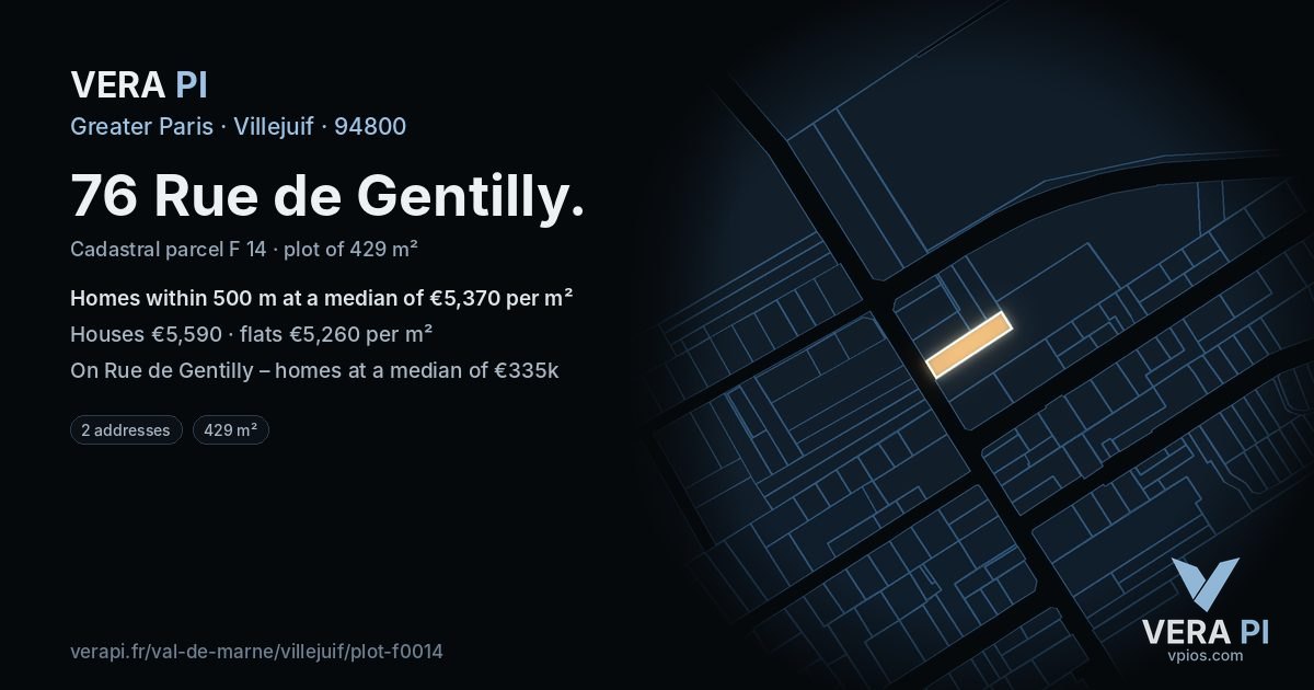 76 Rue de Gentilly, Villejuif at night – the plot lit, the parcels around coloured by the prices near them