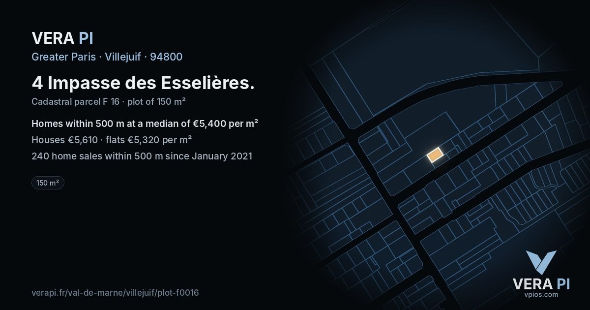 4 Impasse des Esselières, Villejuif at night – the plot lit, the parcels around coloured by the prices near them