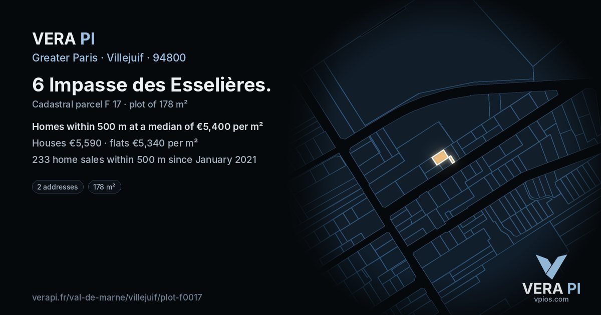 6 Impasse des Esselières, Villejuif at night – the plot lit, the parcels around coloured by the prices near them