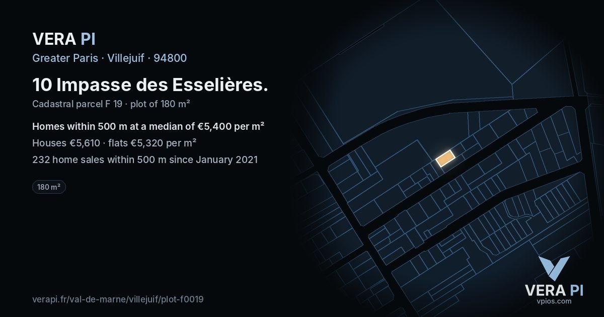 10 Impasse des Esselières, Villejuif at night – the plot lit, the parcels around coloured by the prices near them