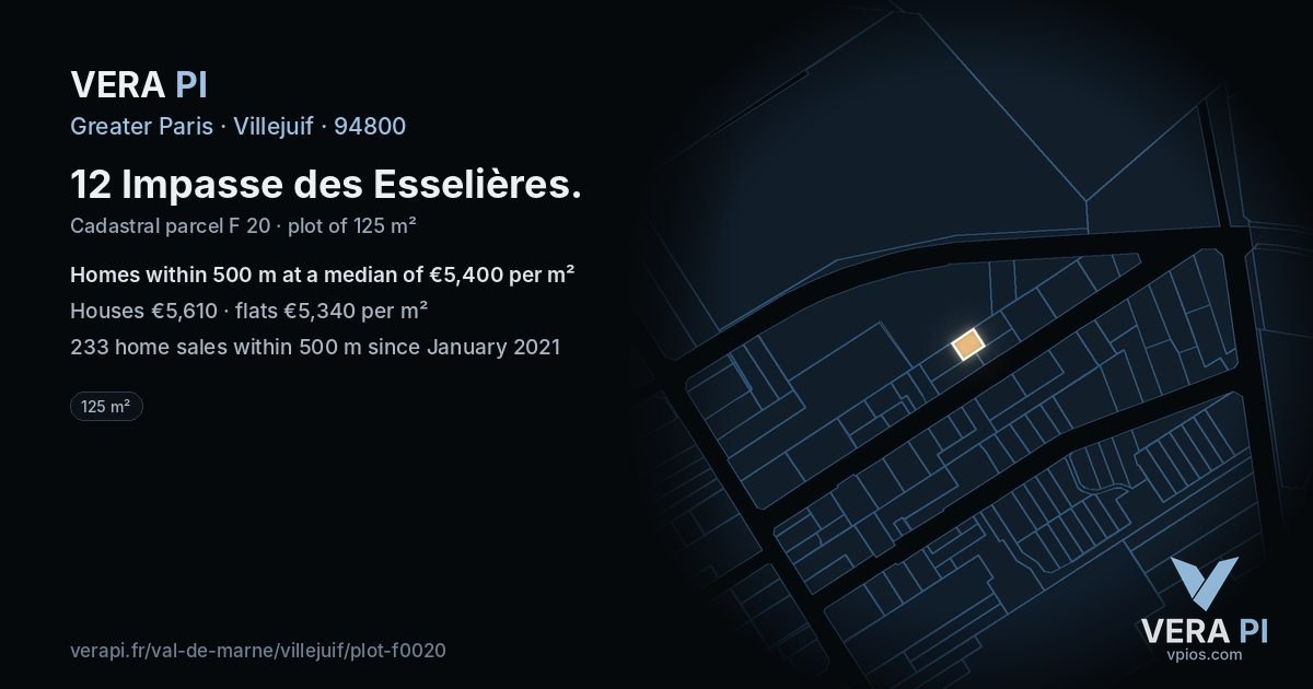 12 Impasse des Esselières, Villejuif at night – the plot lit, the parcels around coloured by the prices near them