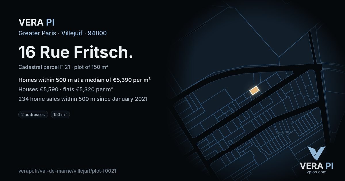 16 Rue Fritsch, Villejuif at night – the plot lit, the parcels around coloured by the prices near them