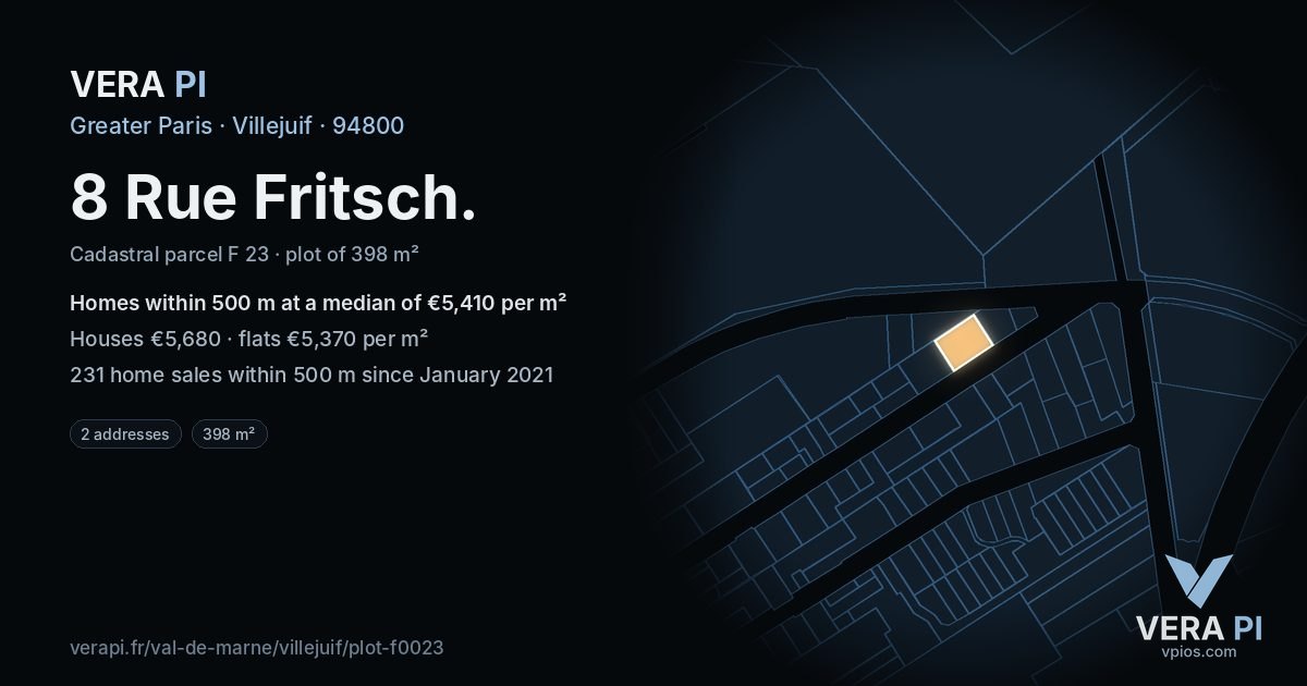8 Rue Fritsch, Villejuif at night – the plot lit, the parcels around coloured by the prices near them