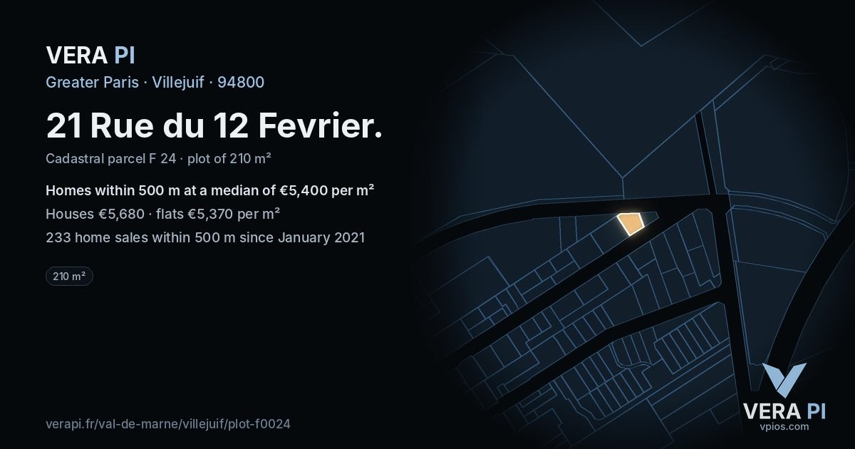 21 Rue du 12 Fevrier, Villejuif at night – the plot lit, the parcels around coloured by the prices near them