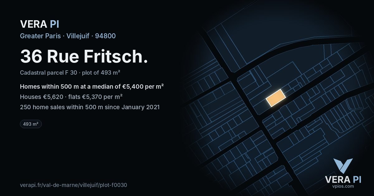 36 Rue Fritsch, Villejuif at night – the plot lit, the parcels around coloured by the prices near them