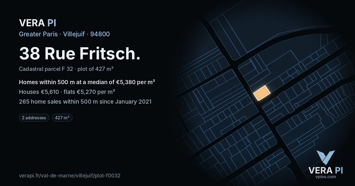 38 Rue Fritsch, Villejuif at night – the plot lit, the parcels around coloured by the prices near them