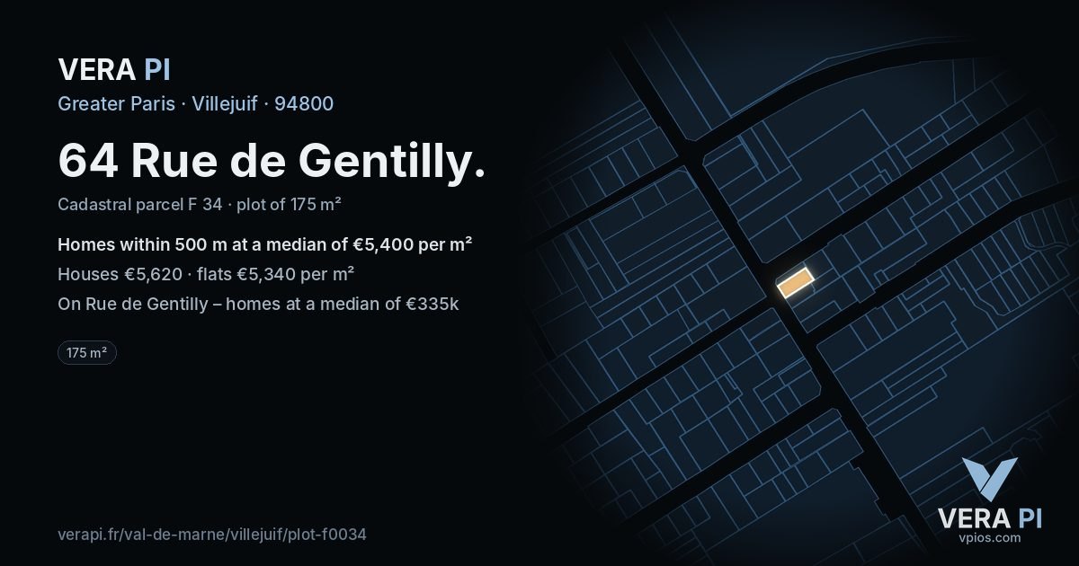 64 Rue de Gentilly, Villejuif at night – the plot lit, the parcels around coloured by the prices near them