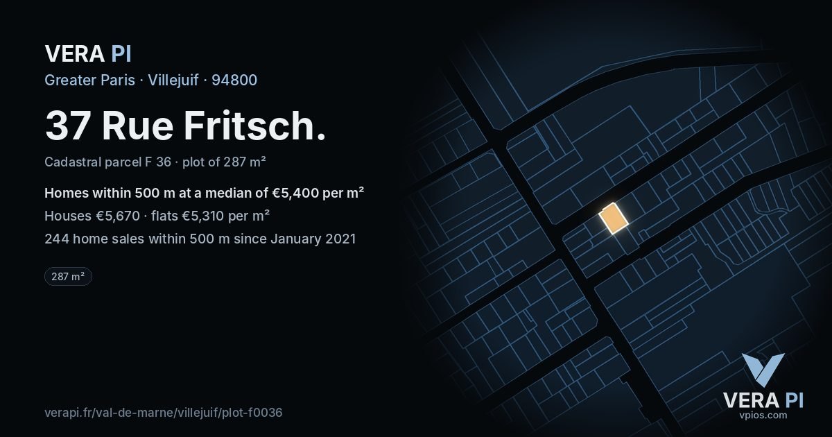 37 Rue Fritsch, Villejuif at night – the plot lit, the parcels around coloured by the prices near them