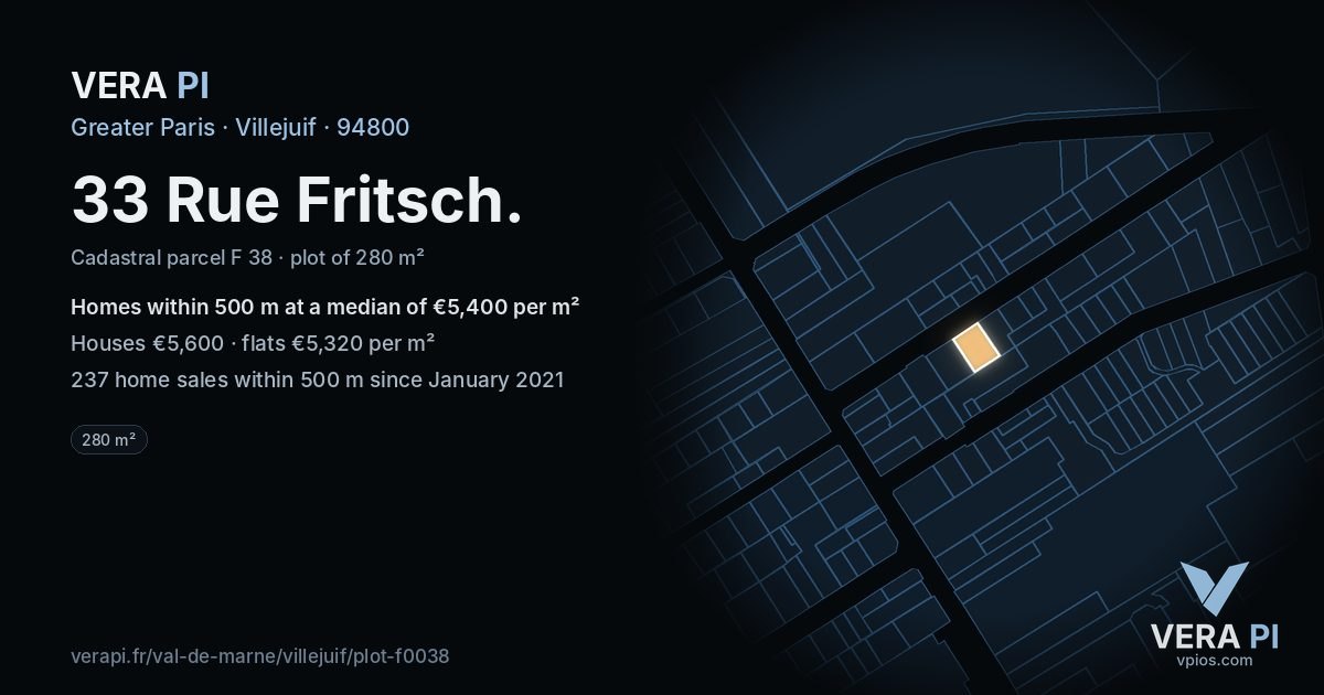 33 Rue Fritsch, Villejuif at night – the plot lit, the parcels around coloured by the prices near them