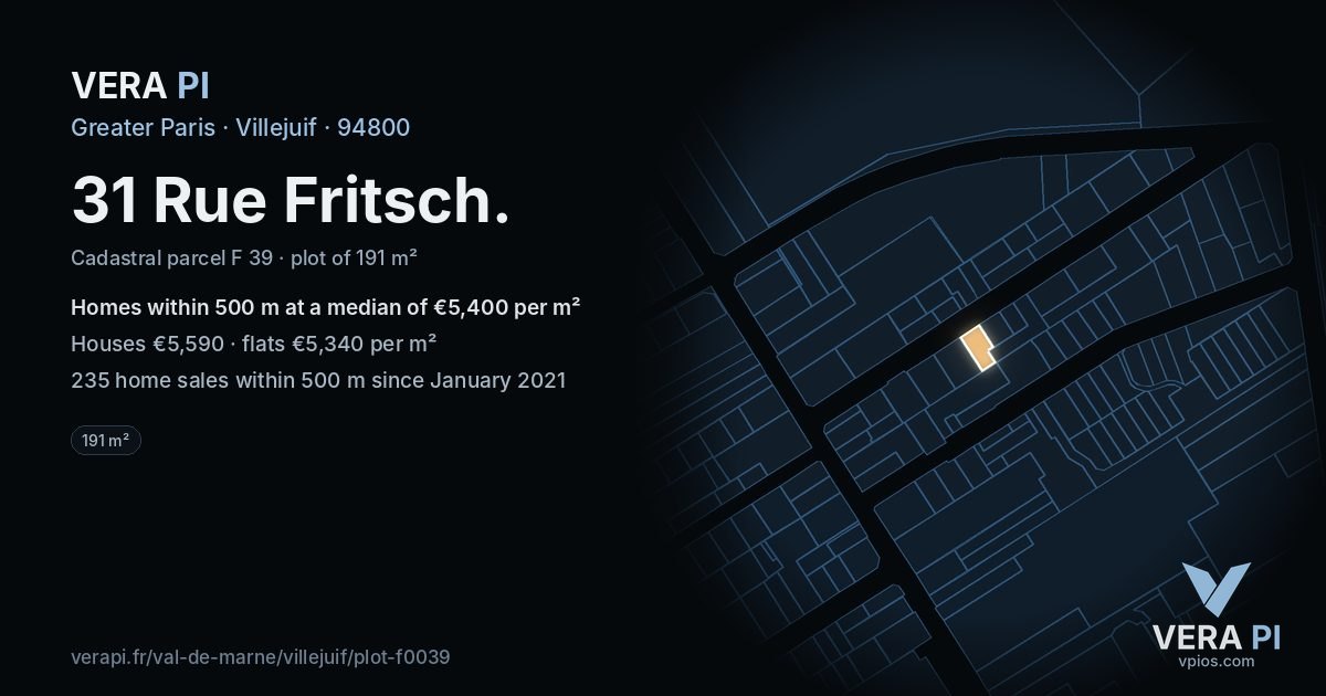 31 Rue Fritsch, Villejuif at night – the plot lit, the parcels around coloured by the prices near them