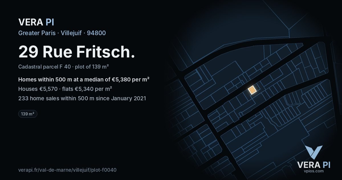 29 Rue Fritsch, Villejuif at night – the plot lit, the parcels around coloured by the prices near them