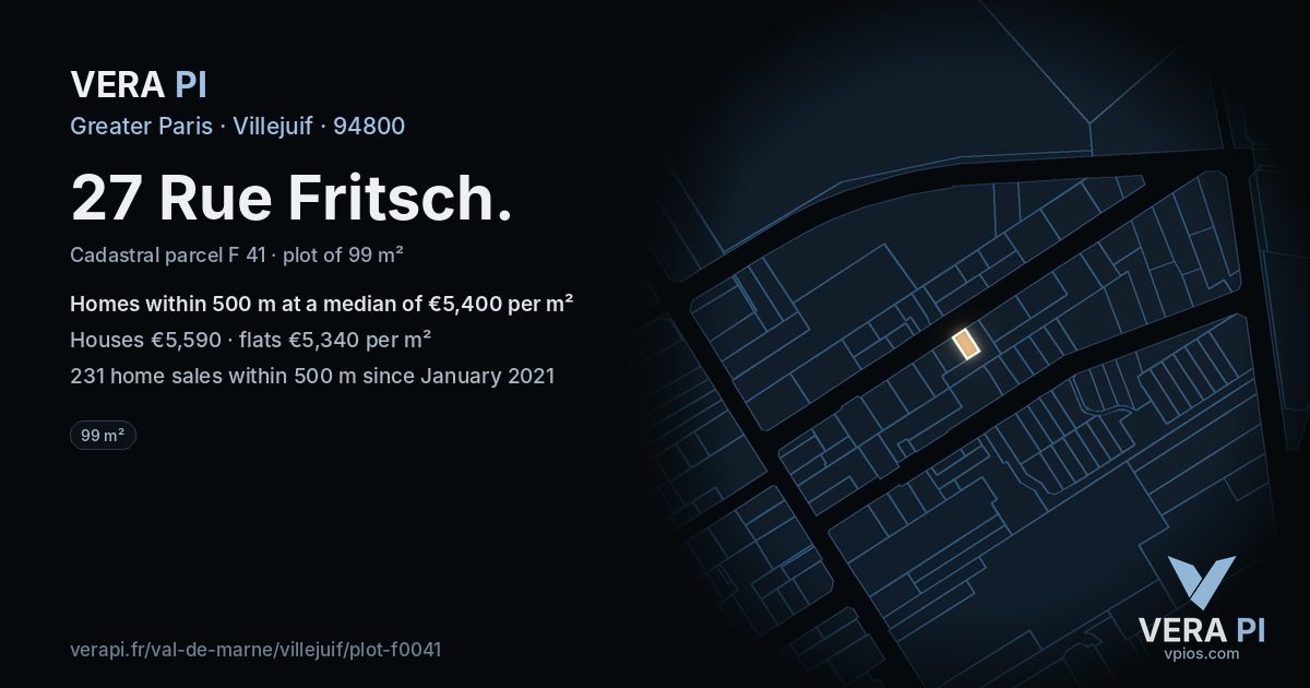 27 Rue Fritsch, Villejuif at night – the plot lit, the parcels around coloured by the prices near them