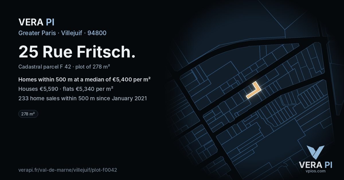 25 Rue Fritsch, Villejuif at night – the plot lit, the parcels around coloured by the prices near them