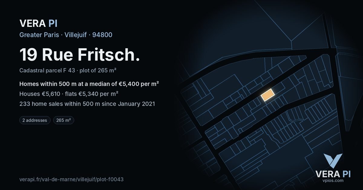 19 Rue Fritsch, Villejuif at night – the plot lit, the parcels around coloured by the prices near them